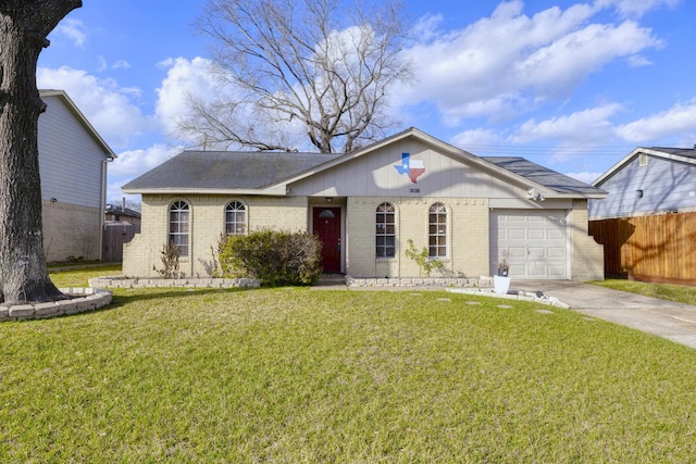 view of front of property with fence, an attached garage, a front lawn, brick siding, and concrete driveway