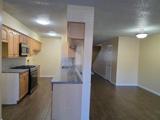 6444 Kentwick Dr Unit 24/13, Houston, TX 77084 - kitchen featuring a textured ceiling, a sink, baseboards, dark wood-style floors, and stainless steel appliances
