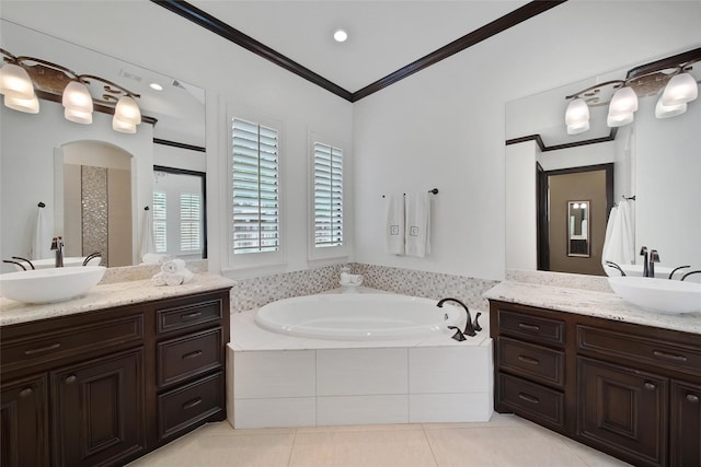 full bathroom with a bath, crown molding, tile patterned flooring, two vanities, and a tile shower