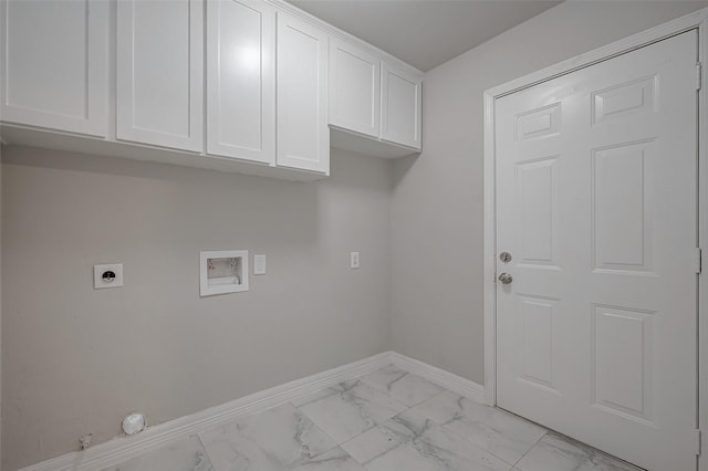 laundry area with marble finish floor, baseboards, cabinet space, washer hookup, and hookup for an electric dryer