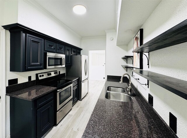 2323 Augusta Dr Unit 43, Houston, TX 77057 - kitchen featuring appliances with stainless steel finishes, open shelves, dark cabinetry, a sink, and crown molding