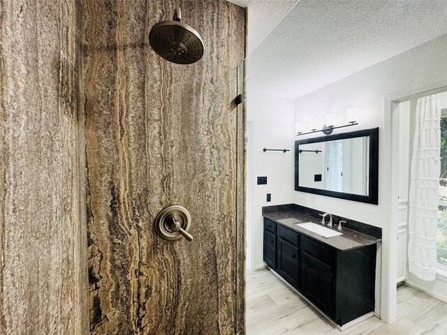 2323 Augusta Dr Unit 43, Houston, TX 77057 - bathroom with a shower, wood finished floors, vanity, and a textured ceiling