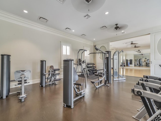 workout area with crown molding, a ceiling fan, visible vents, and recessed lighting