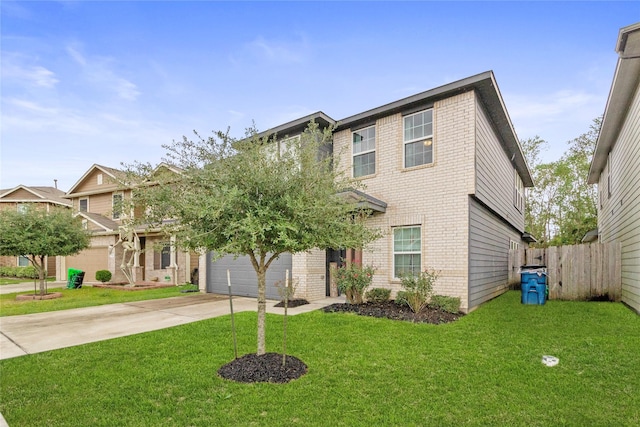 522 Pequin Rd, Crosby, TX 77532 - view of front facade featuring a garage, brick siding, fence, a front lawn, and concrete driveway