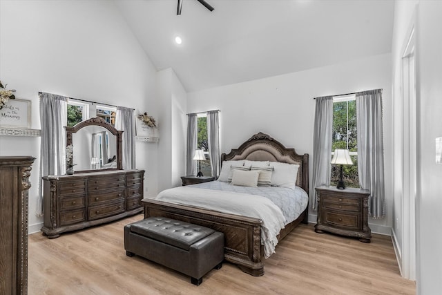 224 Kellog, Fischer, TX 78623 - bedroom featuring high vaulted ceiling, light wood-type flooring, and baseboards