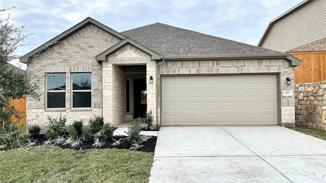 view of front of property with roof with shingles, a front lawn, concrete driveway, an attached garage, and stone siding