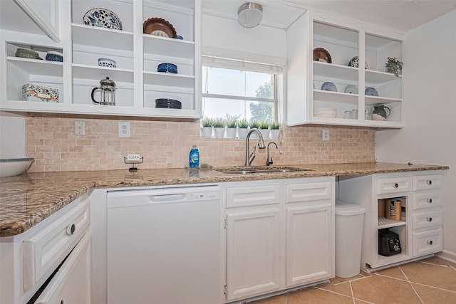 13018 Vernon Rd, Cypress, TX 77429 - kitchen featuring dishwasher, open shelves, a sink, and white cabinetry