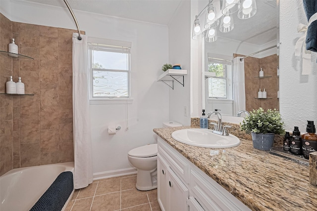 13018 Vernon Rd, Cypress, TX 77429 - full bathroom with vanity, crown molding, tile patterned floors, shower / bathtub combination with curtain, and toilet