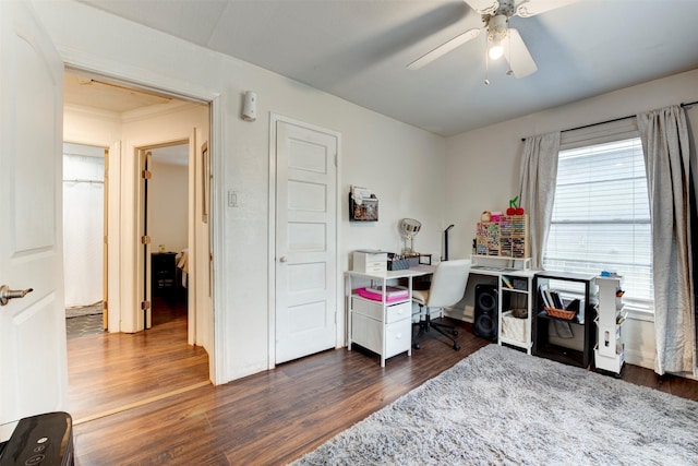 708 Gresham St, Baytown, TX 77520 - office area featuring ceiling fan and dark wood finished floors