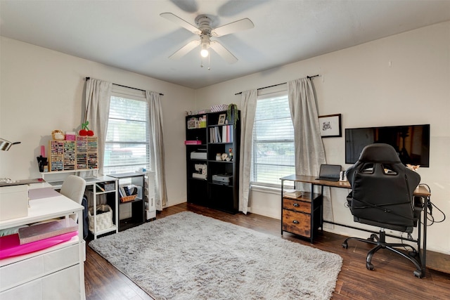 708 Gresham St, Baytown, TX 77520 - home office featuring a ceiling fan and wood finished floors
