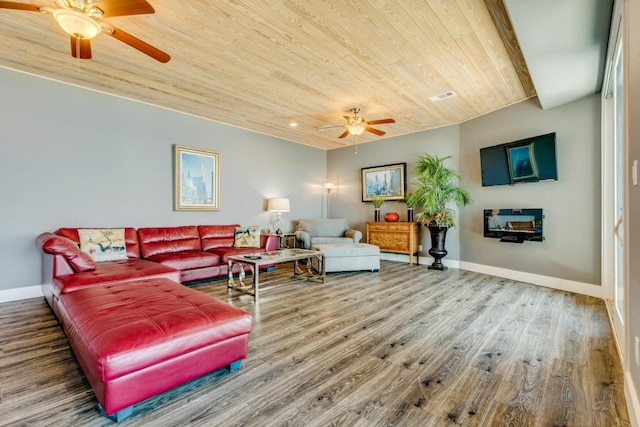 2386 Hwy 87, Gilchrist, TX 77617 - living area with a ceiling fan, visible vents, wood finished floors, wooden ceiling, and baseboards