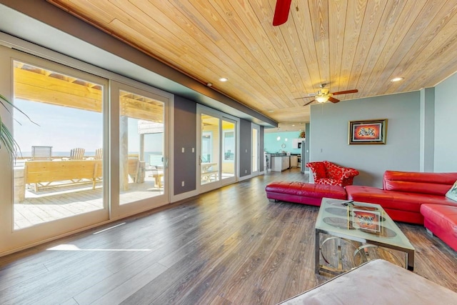 2386 Hwy 87, Gilchrist, TX 77617 - living room with recessed lighting, a ceiling fan, wood finished floors, and wooden ceiling