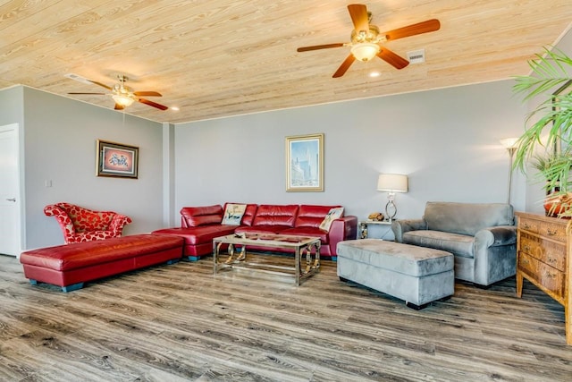 2386 Hwy 87, Gilchrist, TX 77617 - living room with visible vents, wood finished floors, recessed lighting, wooden ceiling, and a ceiling fan
