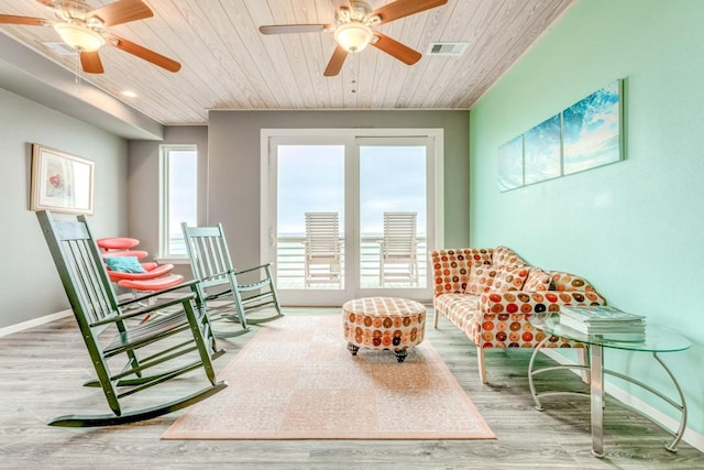 2386 Hwy 87, Gilchrist, TX 77617 - sitting room featuring a ceiling fan, wood ceiling, and wood finished floors
