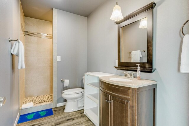 2386 Hwy 87, Gilchrist, TX 77617 - bathroom featuring vanity, a tile shower, toilet, and wood finished floors