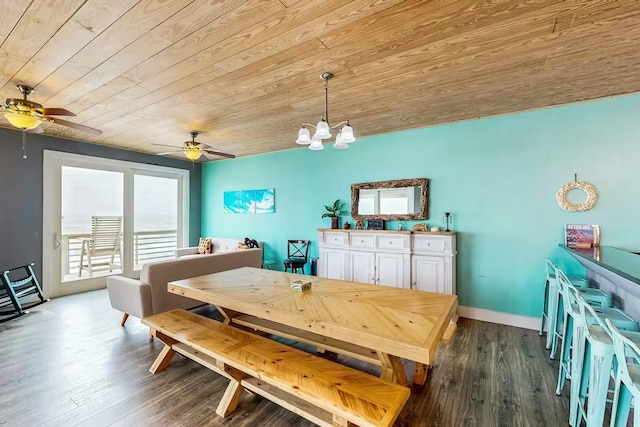 2386 Hwy 87, Gilchrist, TX 77617 - dining area with wood ceiling, baseboards, ceiling fan with notable chandelier, and dark wood-style flooring