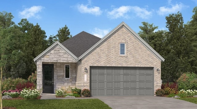 view of front of home featuring a garage, driveway, and stone siding