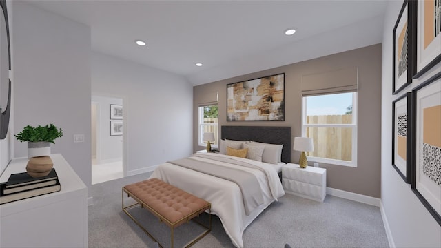 carpeted bedroom featuring recessed lighting and baseboards