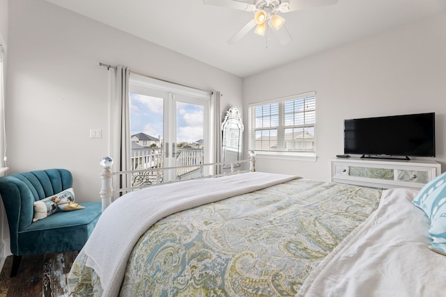 bedroom featuring access to outside and ceiling fan