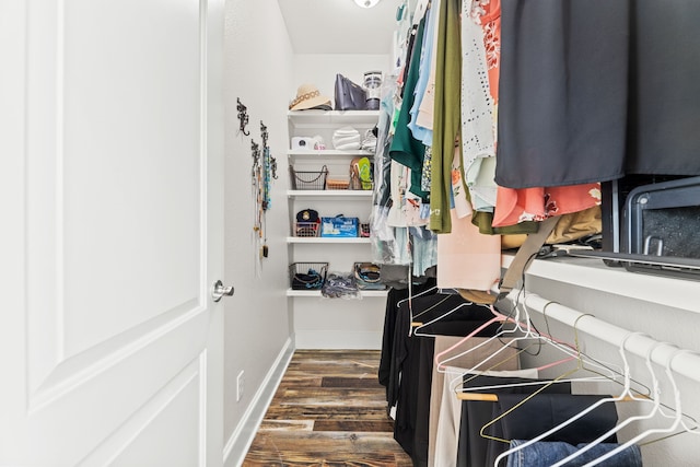 walk in closet featuring dark wood-type flooring