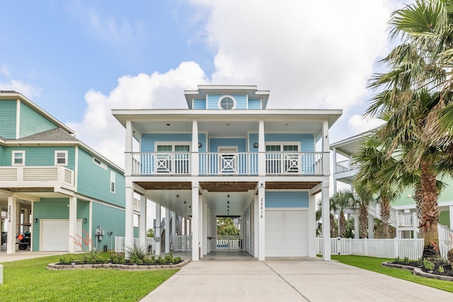 beach home featuring an attached garage, concrete driveway, covered porch, and a carport