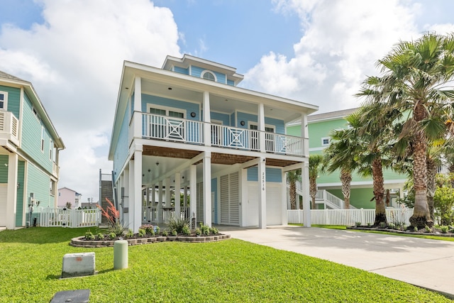 coastal home with fence, a garage, a porch, a front yard, and driveway