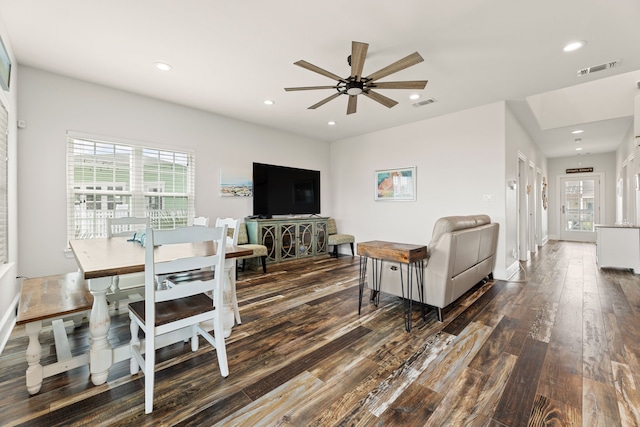 living room featuring visible vents, recessed lighting, ceiling fan, and hardwood / wood-style floors