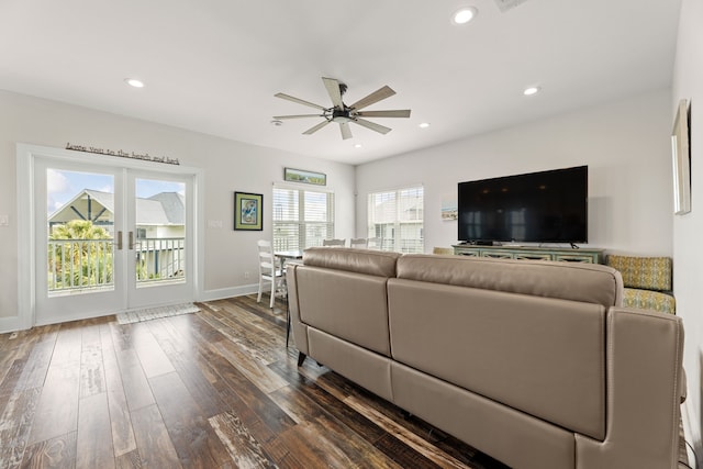 living area with baseboards, recessed lighting, dark wood-style flooring, and ceiling fan
