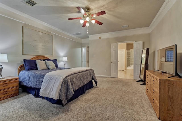 bedroom featuring light colored carpet, ornamental molding, baseboards, connected bathroom, and ceiling fan