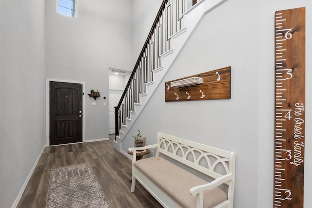 15502 Bosque Valley Ct, Cypress, TX 77433 - foyer featuring visible vents, a towering ceiling, wood finished floors, baseboards, and stairway