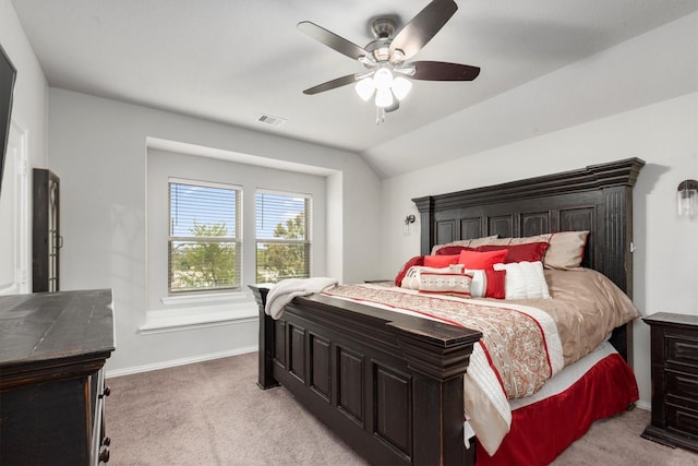15502 Bosque Valley Ct, Cypress, TX 77433 - bedroom featuring visible vents, light carpet, baseboards, ceiling fan, and vaulted ceiling