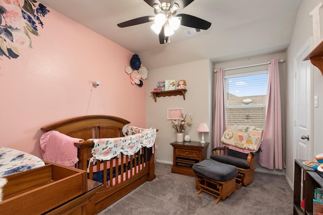 15502 Bosque Valley Ct, Cypress, TX 77433 - bedroom with ceiling fan, visible vents, vaulted ceiling, baseboards, and carpet flooring