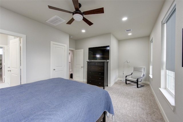 14514 Sanour Dr, Houston, TX 77084 - carpeted bedroom featuring baseboards, a ceiling fan, recessed lighting, and visible vents
