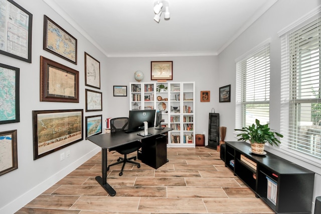 office with wood finish floors, ornamental molding, and baseboards