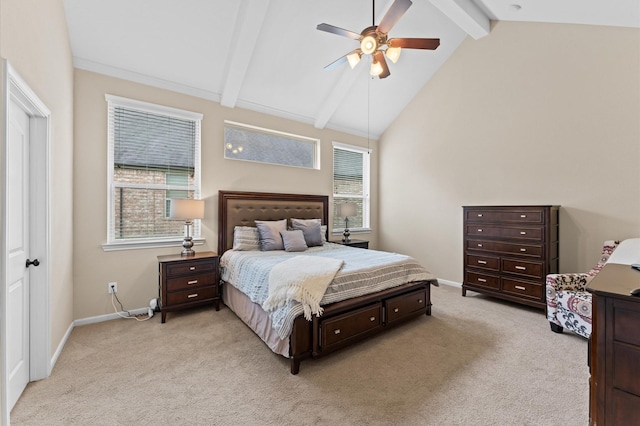 carpeted bedroom with baseboards, ceiling fan, high vaulted ceiling, and beamed ceiling