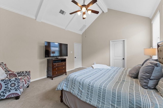 bedroom with carpet floors, high vaulted ceiling, baseboards, beamed ceiling, and visible vents