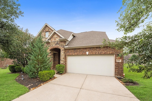 view of front of house with a shingled roof, concrete driveway, a front yard, and brick siding