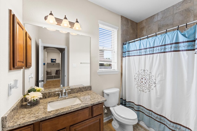 full bathroom with vanity, toilet, and a shower with curtain
