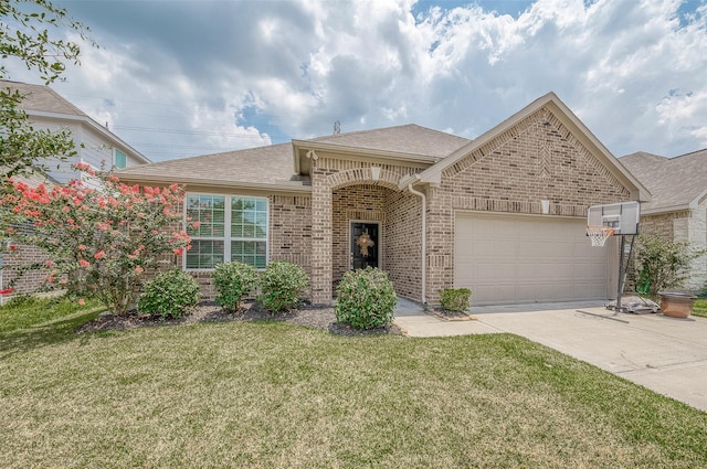 single story home featuring driveway, a garage, brick siding, a front lawn, and a shingled roof