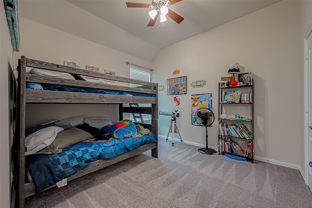 bedroom featuring baseboards, a ceiling fan, carpet, and vaulted ceiling