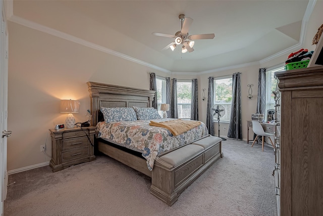 bedroom with ceiling fan, light colored carpet, and ornamental molding