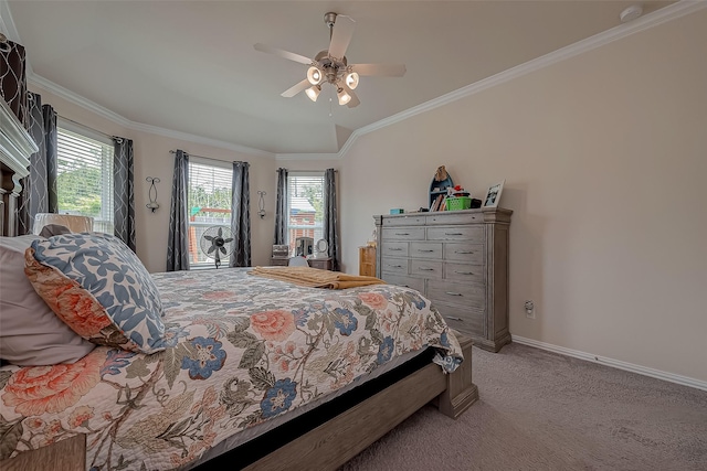 bedroom featuring access to outside, baseboards, light carpet, and ornamental molding