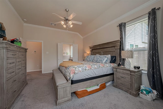 bedroom with crown molding, light colored carpet, baseboards, lofted ceiling, and visible vents