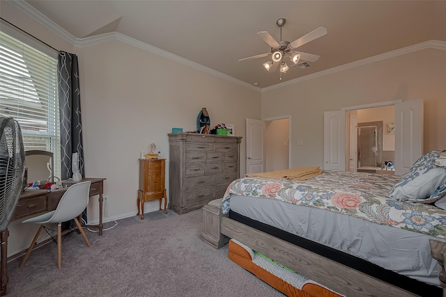 carpeted bedroom featuring visible vents, ornamental molding, baseboards, and ceiling fan