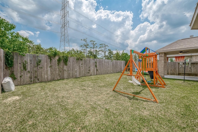 view of play area with a lawn and a fenced backyard