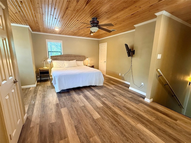 bedroom featuring crown molding, baseboards, wood ceiling, and wood finished floors