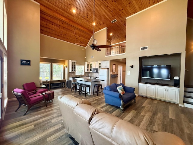 living room with high vaulted ceiling, a ceiling fan, wooden ceiling, visible vents, and dark wood-style floors