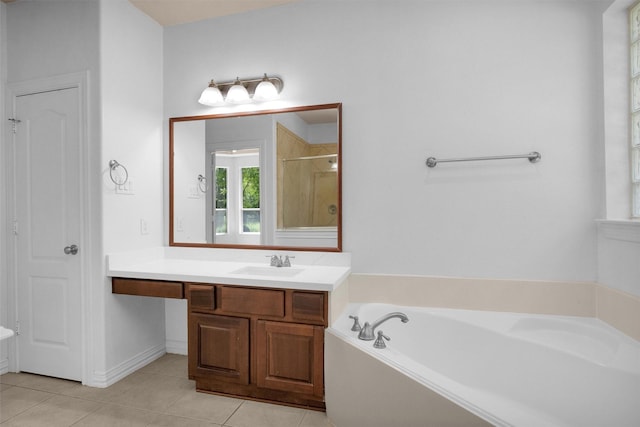 full bath with vanity, a garden tub, tile patterned flooring, and a stall shower