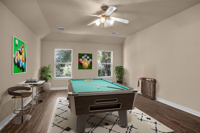 9019 Miller Rd, Magnolia, TX 77354 - game room with baseboards, billiards, dark wood-type flooring, lofted ceiling, and ceiling fan