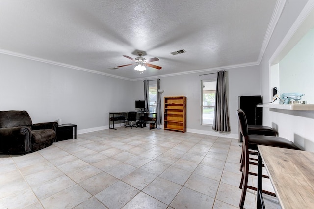 4114 Cicada Ln, Houston, TX 77039 - office area featuring crown molding, a ceiling fan, baseboards, light tile patterned floors, and visible vents